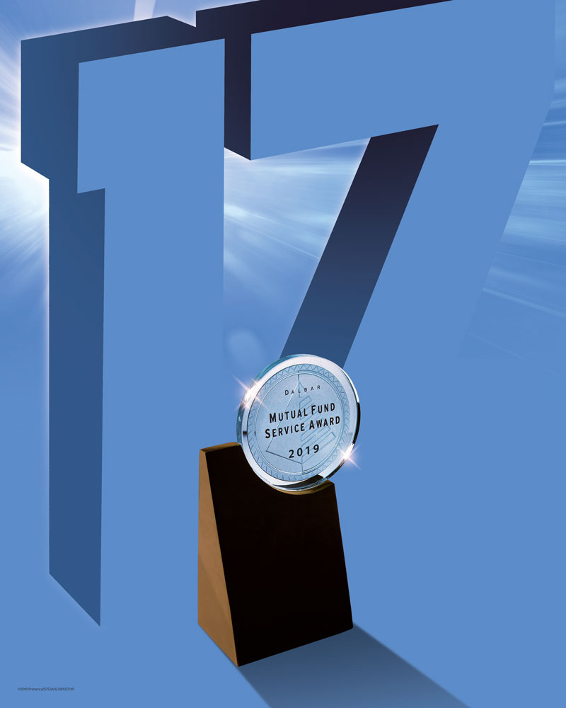 The number 17 behind an image of the Dalbar 2019 Mutual Fund Service Award
